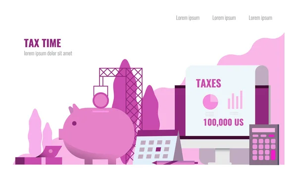 纳税时间概念 小猪银行 计算器 平面设计元素 矢量插图 — 图库矢量图片