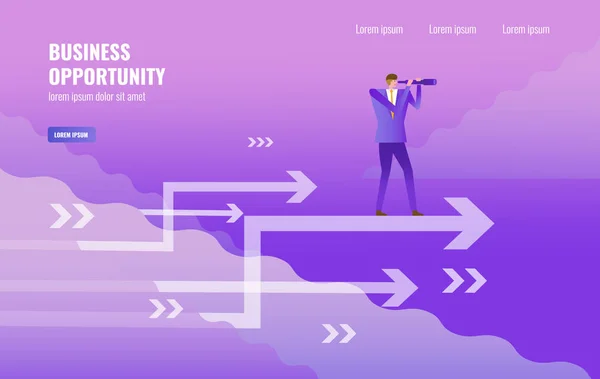 Zakenman Permanent Het Gebruik Van Telescoop Pijl Leiderschap Zakelijke Gelegenheid — Stockvector