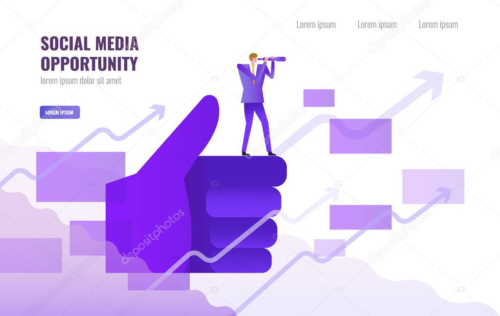 Businessman standing and using telescope on Big thump up hand. Social media opportunity and marketing concept. vector illustration
