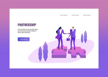 İki iş insanlar el sıkışma bulmaca üzerinde. İş ortaklık kavramı. düz tasarlamak vektör