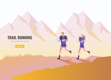 Runner dağda çalışan kadın ve erkek iz. arka plan güzel sahne. vektör çizim