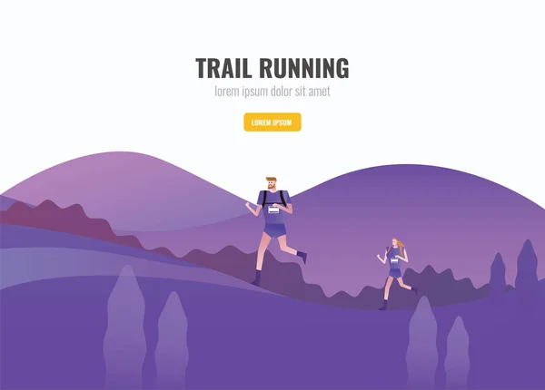 Trail Runner Uomini Donne Che Corrono Sulla Montagna Bellissimo Scenario — Vettoriale Stock