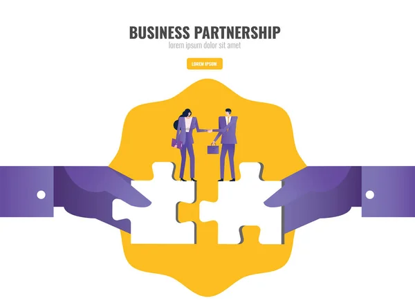 两个人握手连接拼图元素 商业伙伴关系的概念 矢量插图 — 图库矢量图片