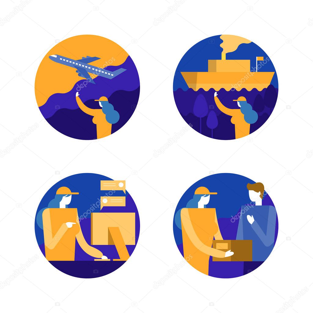 Cargo and shipping icon set. airplane and ship logistics, delivery, Checking order online. flat design element. vector illustration