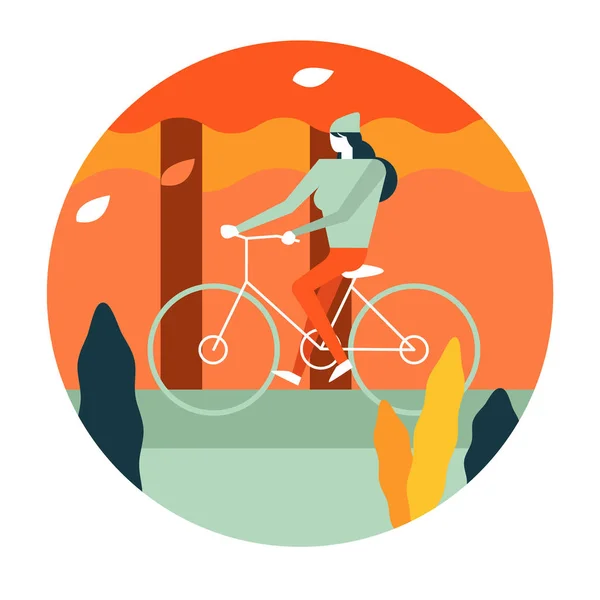 Fahrradfahrerin Herbstliche Landschaft Und Aktivität Flaches Icon Design Illustrationsvektor — Stockvektor