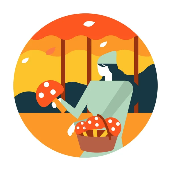 Woman Picking Mushrooms Autumn Forest Autumn Scenery Activity Flat Icon — Stock Vector