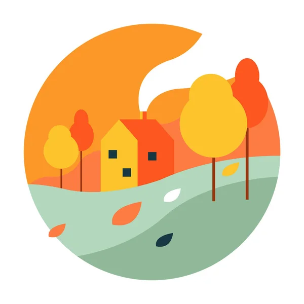 Paisaje Casa Otoño Icono Plano Diseño Ilustración Vector — Vector de stock