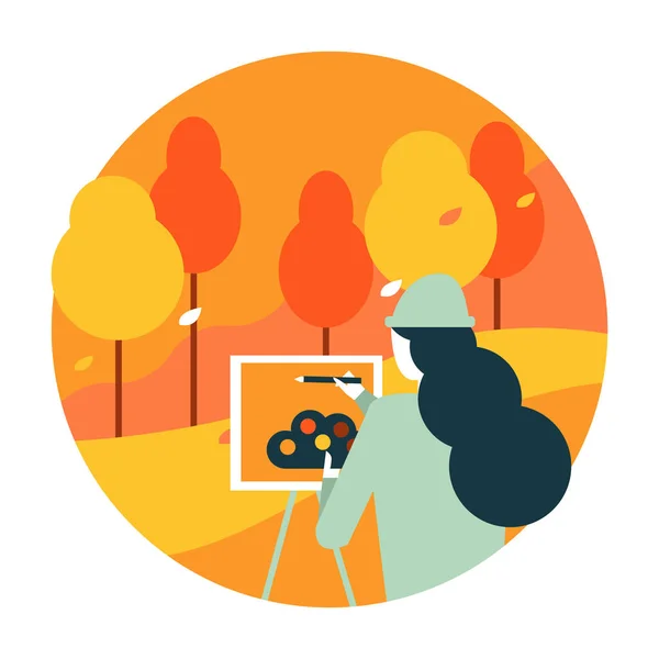 Mujer Artista Pintando Paisaje Otoñal Paisaje Actividad Otoñal Icono Plano — Vector de stock