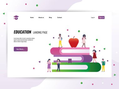 Mutlu çocuklar kitaplarla. Geri okul kavramı. Web sitesi açılış sayfası şablonu. . vektör çizim 