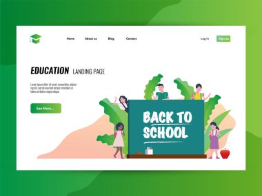 Kara tahta ile mutlu çocuklar. Geri okul kavramı. Web sitesi açılış sayfası şablonu. vektör çizim 