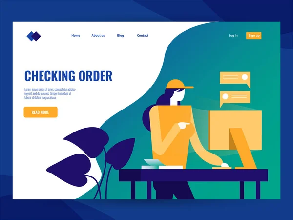 Woman Checking Order Computer Desktop Website Landing Page Template Flat — Stock Vector