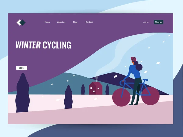 Mulher Andar Bicicleta Inverno Paisagem Rural Página Inicial Site Ilustração — Vetor de Stock