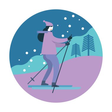 Kız kayak. Kış etkinliği. düz simgesi tasarım. vektör çizim