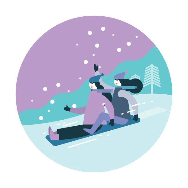 Rodelpaar Auf Schnee Winteraktivität Flaches Icon Design Vektorillustration — Stockvektor