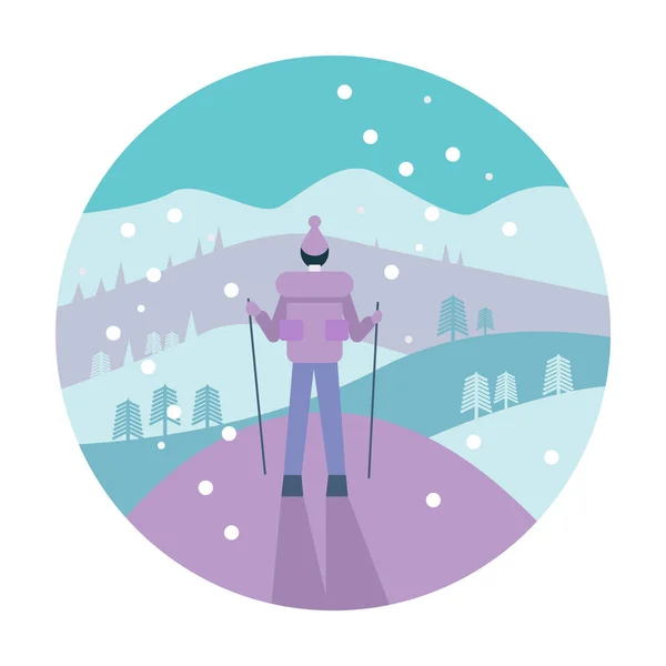 Man with backpack trekking in mountains. Cold weather. Winter activity. flat icon design. vector illustration