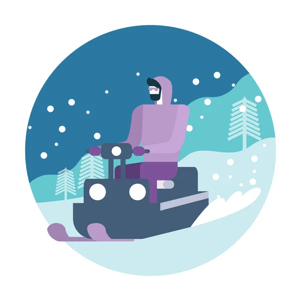 Young Man Posing Snowmobile Winter Activity Flat Icon Design Vector — Stock Vector