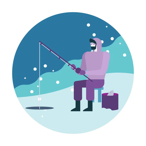 Hombre Pescando Hielo Actividad Invernal Diseño Icono Plano Ilustración Vectorial — Vector de stock