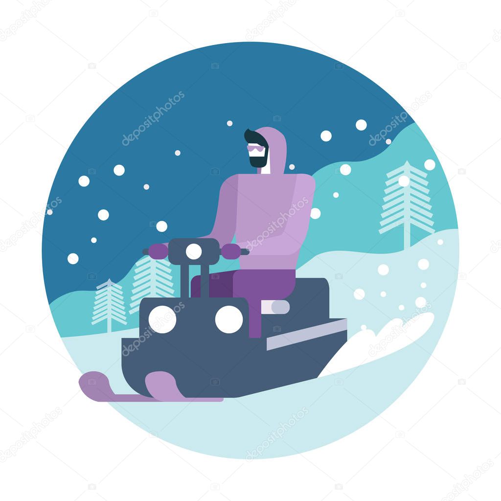 Young man posing on snowmobile. Winter activity. flat icon design. vector illustration