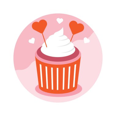 Cupcake bir kalp şeklinde ile dekore edilmiştir. Sevgililer günün kutlu olsun. düz simgeler tasarım. vektör illüstrasyon