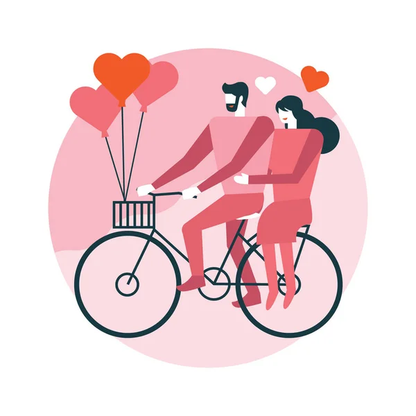 幸福的夫妇正在一起骑自行车 情人节快乐 平面图标设计 向量例证 — 图库矢量图片