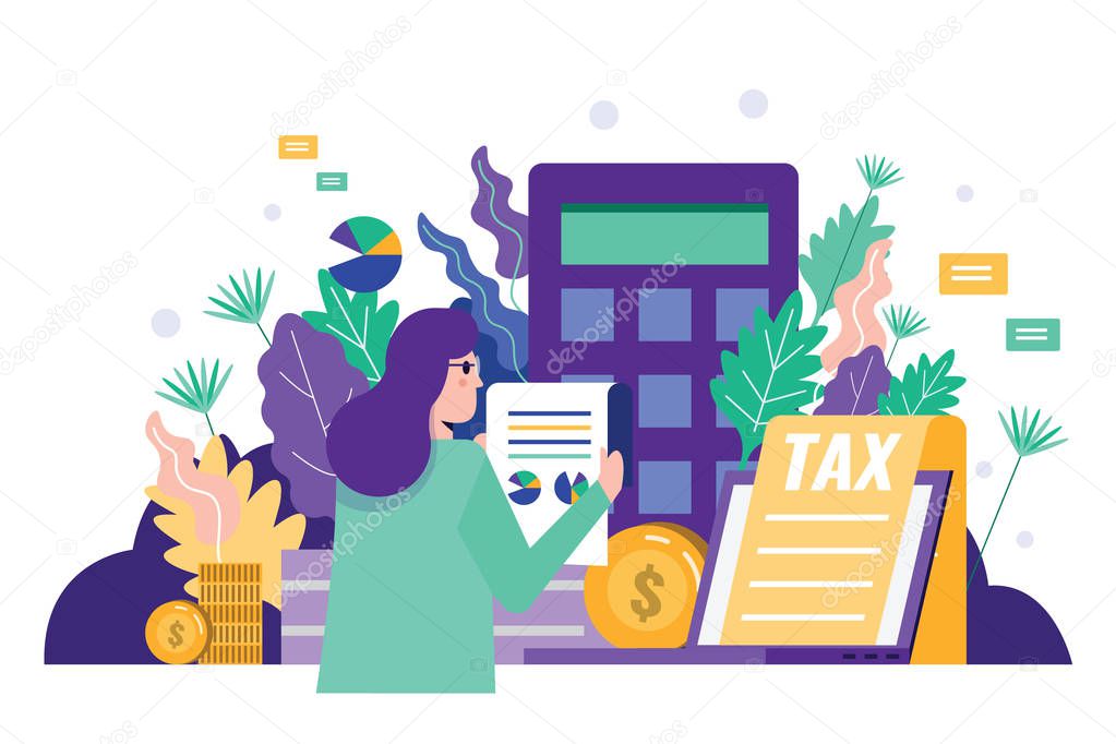 Business woman reading tax document to audit financial data.