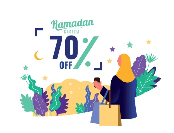 Bandiera di vendita del Ramadan, poster. Donna con shopping bag . — Vettoriale Stock