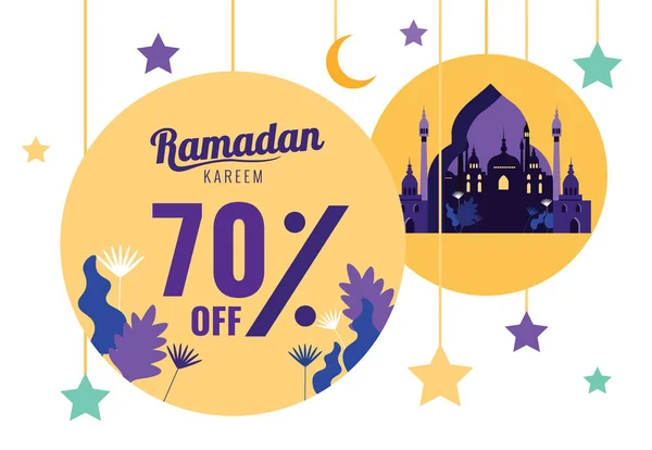 Bandiera di vendita del Ramadan, poster. moschea su sfondo con lanterne pendenti e stelle . — Vettoriale Stock