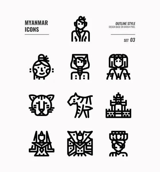 Myanmar line icon set 3. — Stock Vector