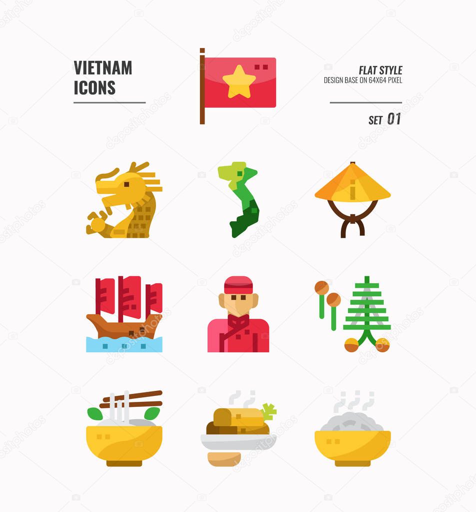 Vietnam icon set 1. Include flag, landmark, people, food and more. Flat icons Design. vector illustration
