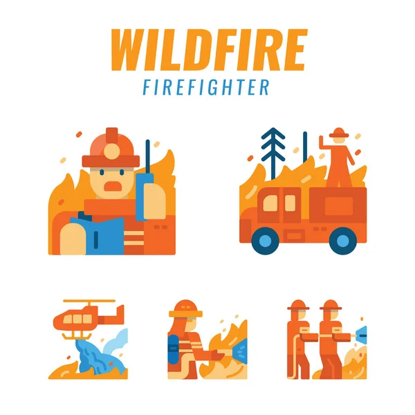 Bomberos con incendios forestales . — Vector de stock