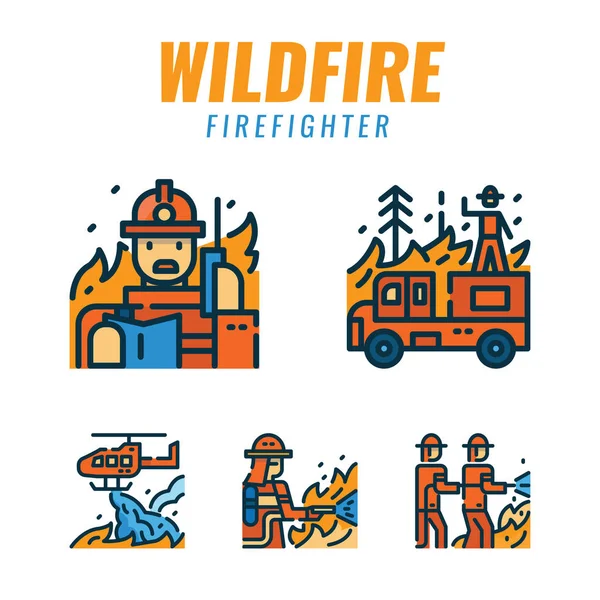 Bomberos con incendios forestales . — Vector de stock