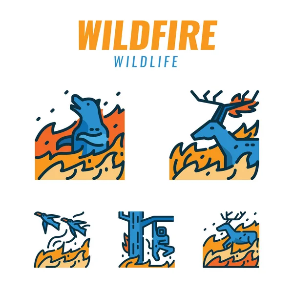 Animales salvajes con incendios forestales . — Vector de stock