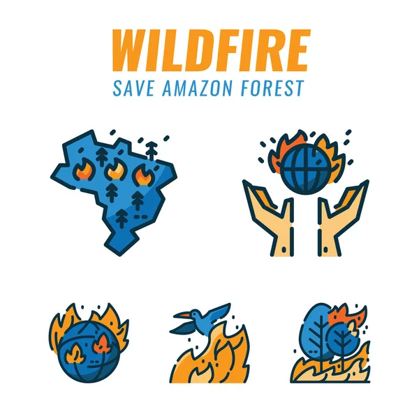 Salvar la selva amazónica y los animales salvajes forman incendios forestales . — Vector de stock