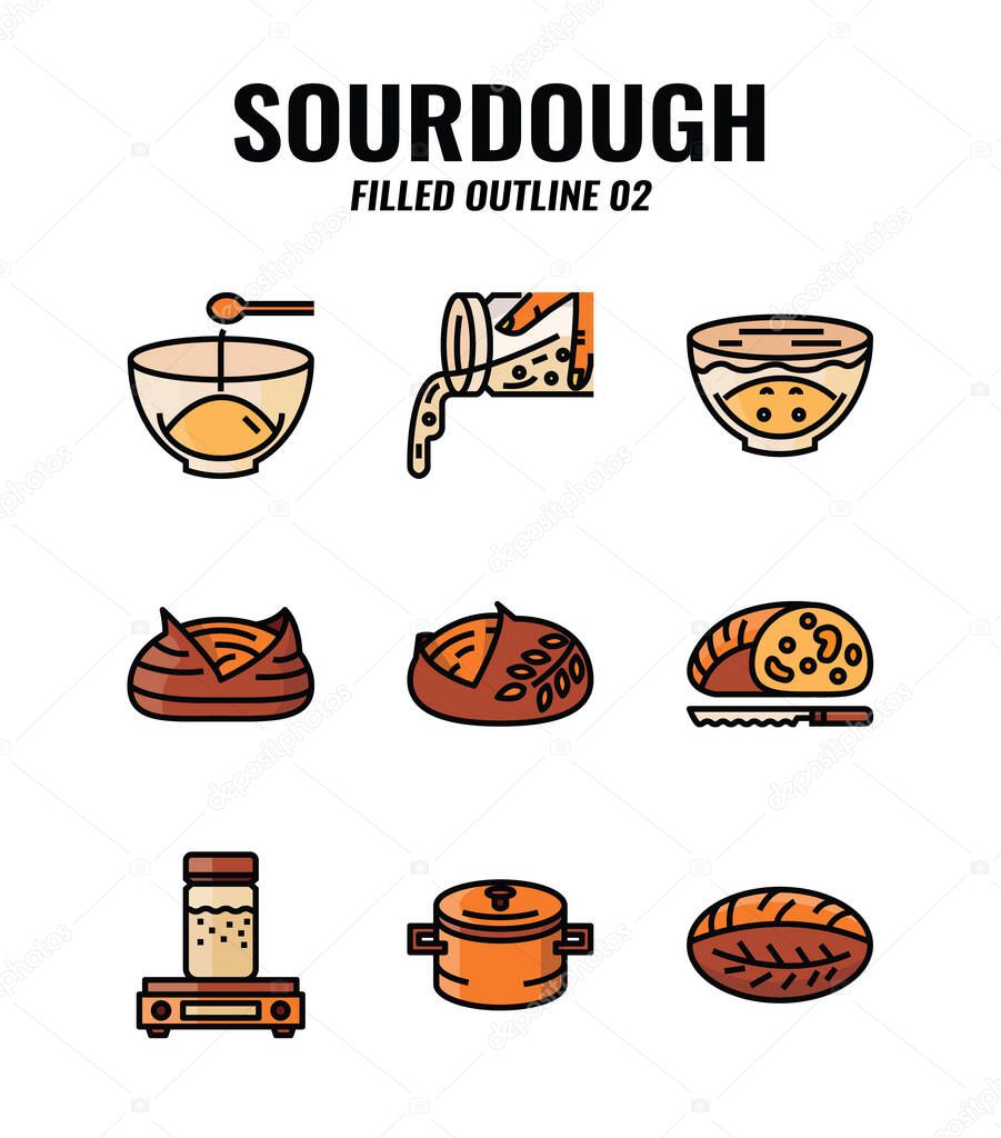 Filled outline icon set of homemade sourdough bread baking kit and process. icons set2