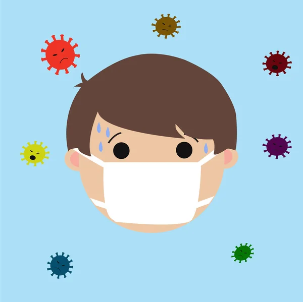 Ilustración Vector Gráfico Niño Con Máscara Médica Miedo Con Virus — Archivo Imágenes Vectoriales