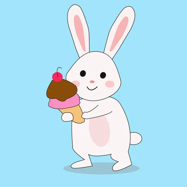 Cute Bunny Rabbit Holding Ice Cream Cartoon Vector — Stock Vector