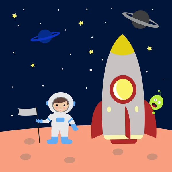 Астронавт Прибульці Космосі Ракетною Ілюстрацією Вектор — стоковий вектор