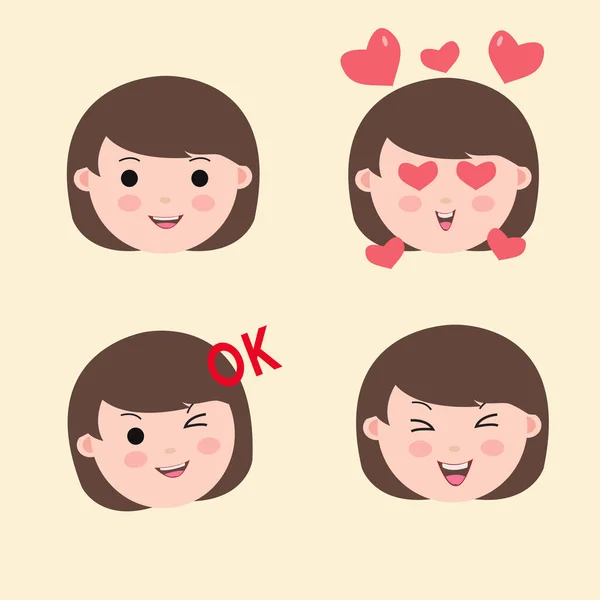 Set Nettes Mädchen Emoticon Positiver Ausdrucksvektor — Stockvektor