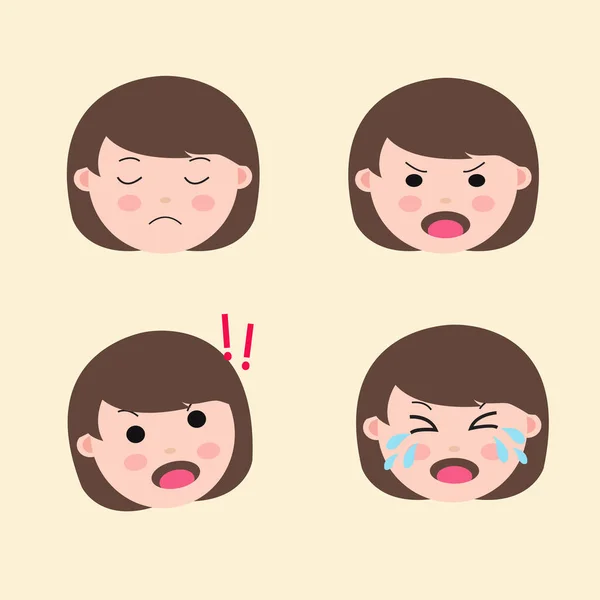 Definir Bonito Menina Emoticon Emoção Negativa Vector —  Vetores de Stock