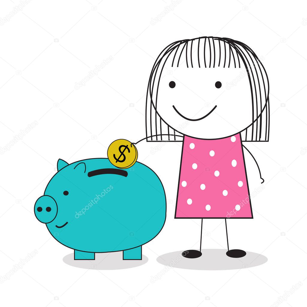 Cute Girl Save Money On Piggy Bank Doodle Illustration