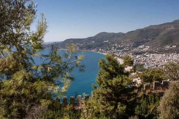 Ağaçlar ve mavi denizin üzerinde yükselen bir kale duvarı.