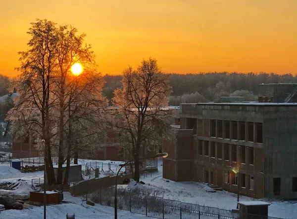 Salida Del Sol Invierno Sobre Sitio Construcción — Foto de Stock