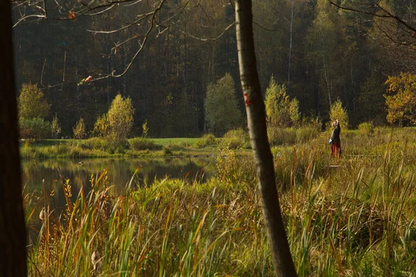 Słoneczny Jesienny Dzień Nad Stawem Parku Miejskim — Zdjęcie stockowe