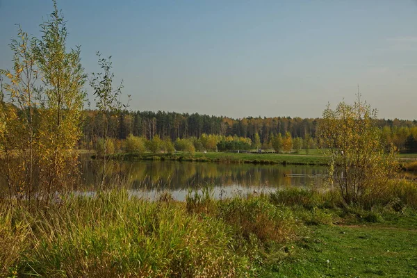 Journée Ensoleillée Automne Sur Étang Dans Parc Ville — Photo