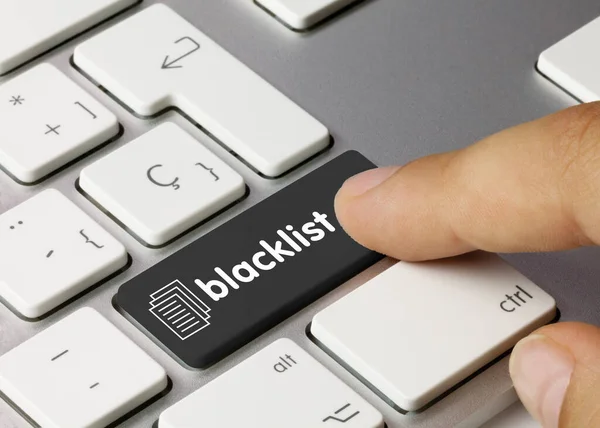 Blacklist Escrito Chave Preta Teclado Metálico Tecla Pressão Dedo — Fotografia de Stock