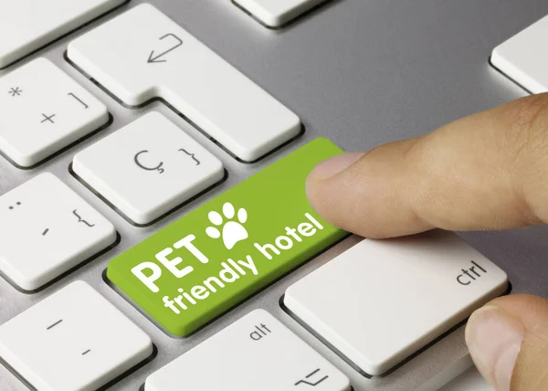 宠物友好的酒店写在绿色的金属键盘上 手指按键 — 图库照片