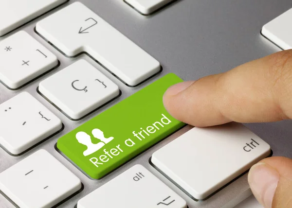 Refer Friend Written Green Key Metallic Keyboard Finger Pressing Key — Stock Photo, Image