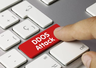 ddos attack - Inscription on Red Keyboard Key. clipart