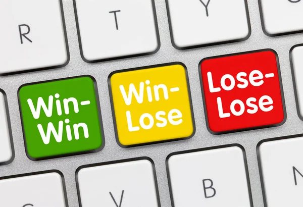 Win-Win, Win-Lose, Lose-Lose Written on Green Key of Metallic Keyboard. Finger pressing key.