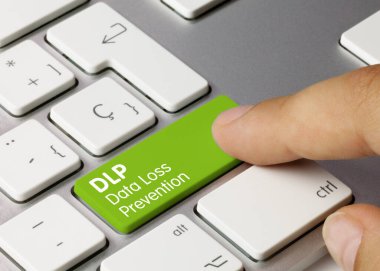 DLP Data Loss Prevention Written on Green Key of Metallic Keyboard. Finger pressing key. clipart